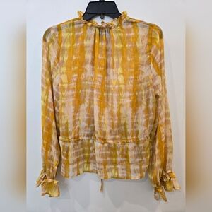 Who What Wear Size Large Yellow Tie-Dye Long Sleeve Ruffle Detail Drawstring Blo